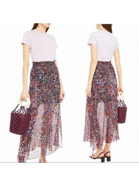 NOBO Pull On Asymmetrical Skirt Navy Blue Pink Ditsy Floral Ruffle